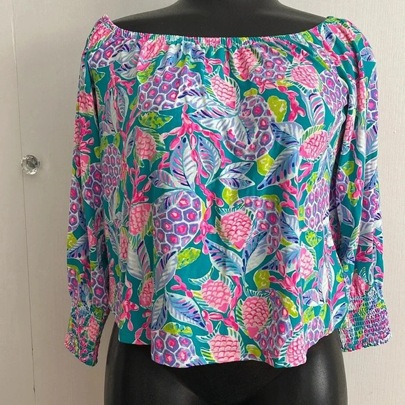 Lilly Pulitzer Lana Off-The-Shoulder Top Maldives Green Turtle Wave Size XLarge - Picture 5 of 15